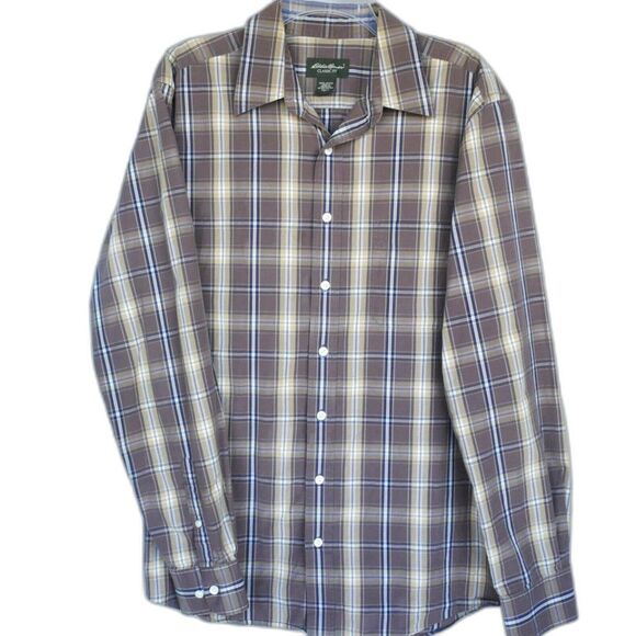 Eddie Bauer Mens Shirt Size L Tall Classic Fit Mens Long Sleeve Brown Pl… - Picture 1 of 11